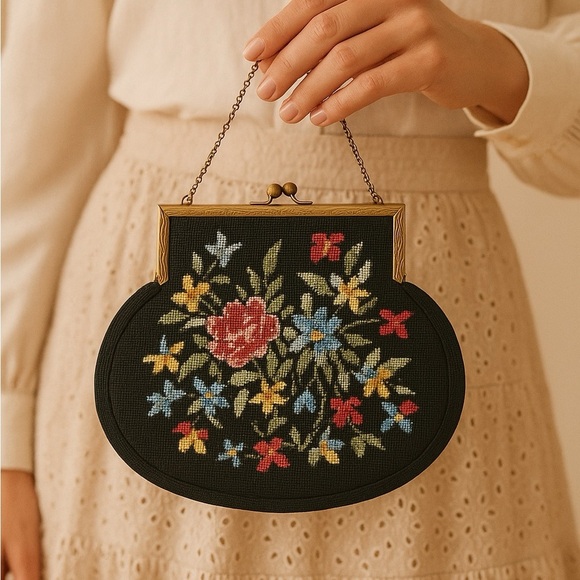 Vintage Needlepoint Tapestry Floral Purse with Clasp Closure & Chain Handle - Picture 1 of 10